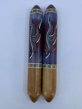 vintage hand painted wooden clapsticks with aboriginal art design
